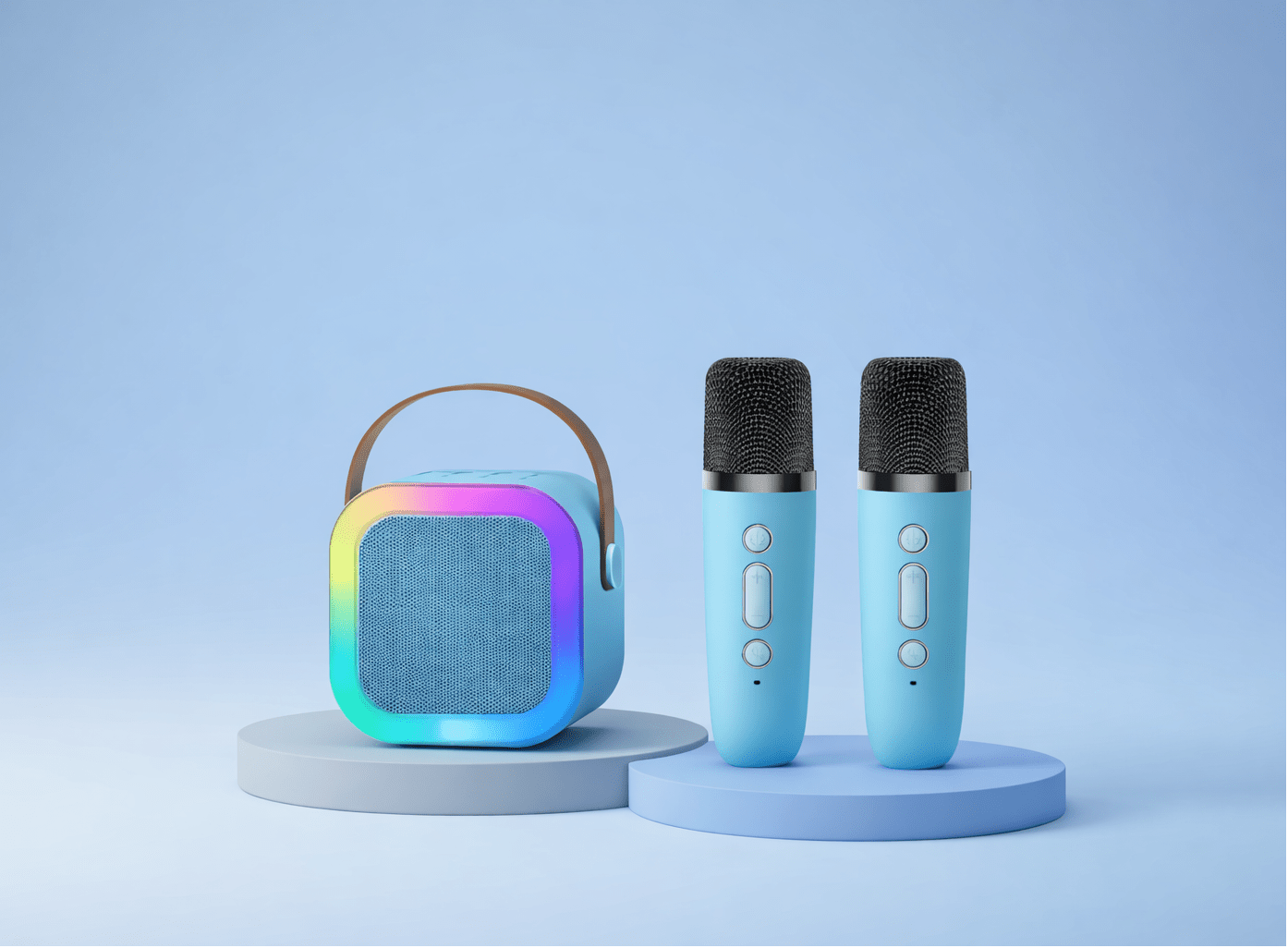 Colorful speaker and two microphones on a blue background